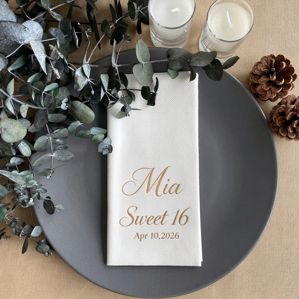 Table Number Gold - 100 ชิ้น ผ้าเช็ดปากงานปาร์ตี้ Sweet 16 แบบกำหนดชื่อและวันที่ได้เอง